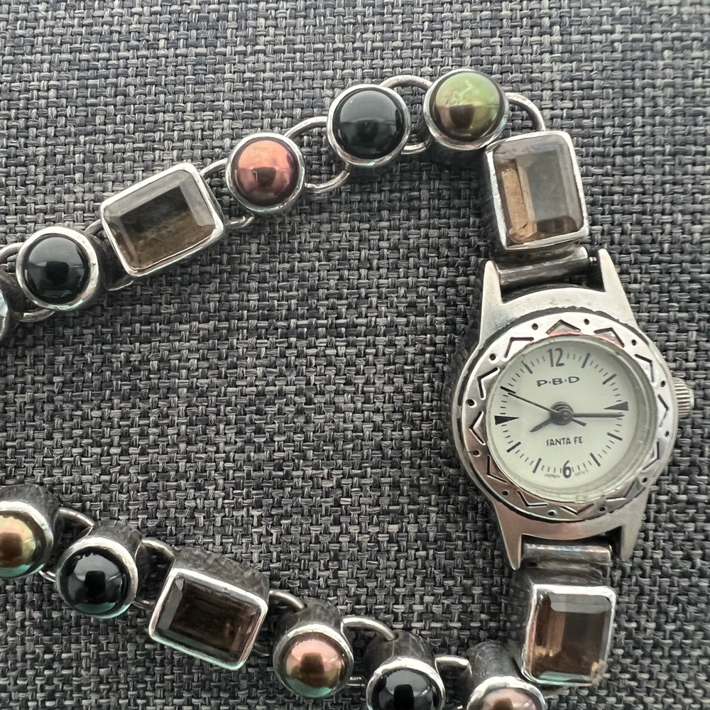 Vintage Peyote Bird Smoky Quartz Navajo Pearl Black Onyx & Silver Watch Bracelet - Picture 7 of 17